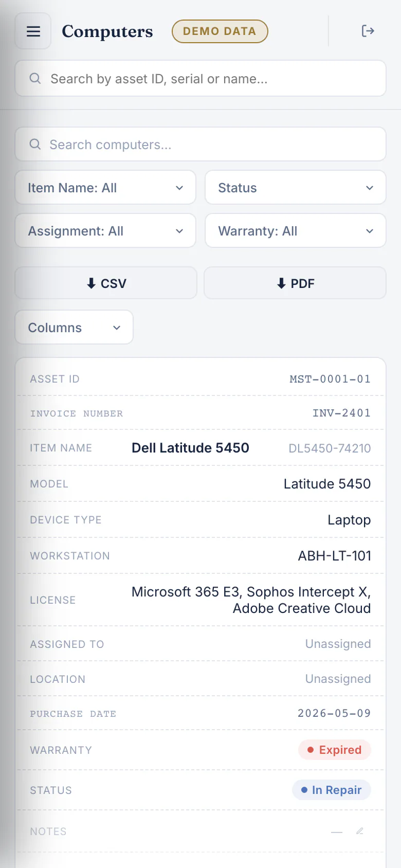 InnVentory on a phone: the Computers register rendered as a card, each column shown as a labelled row — asset ID, invoice number, item name, model, device type, workstation, licences, assigned to, location, purchase date, warranty and status.