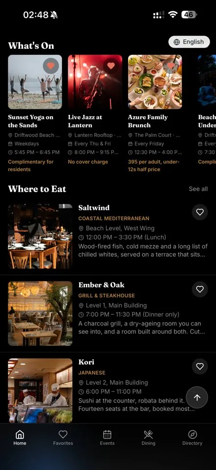 Envoy home screen scrolled to dining