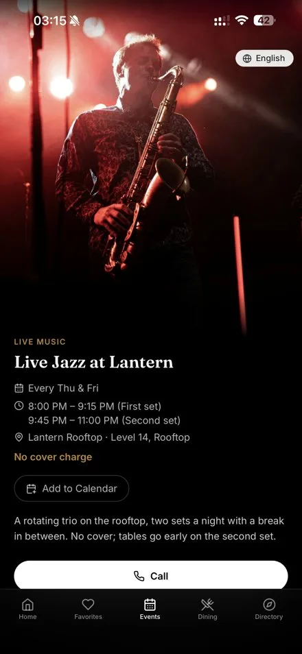 Live Jazz at Lantern event detail screen