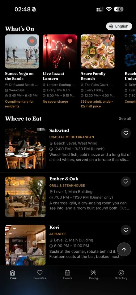 Envoy home screen scrolled to dining