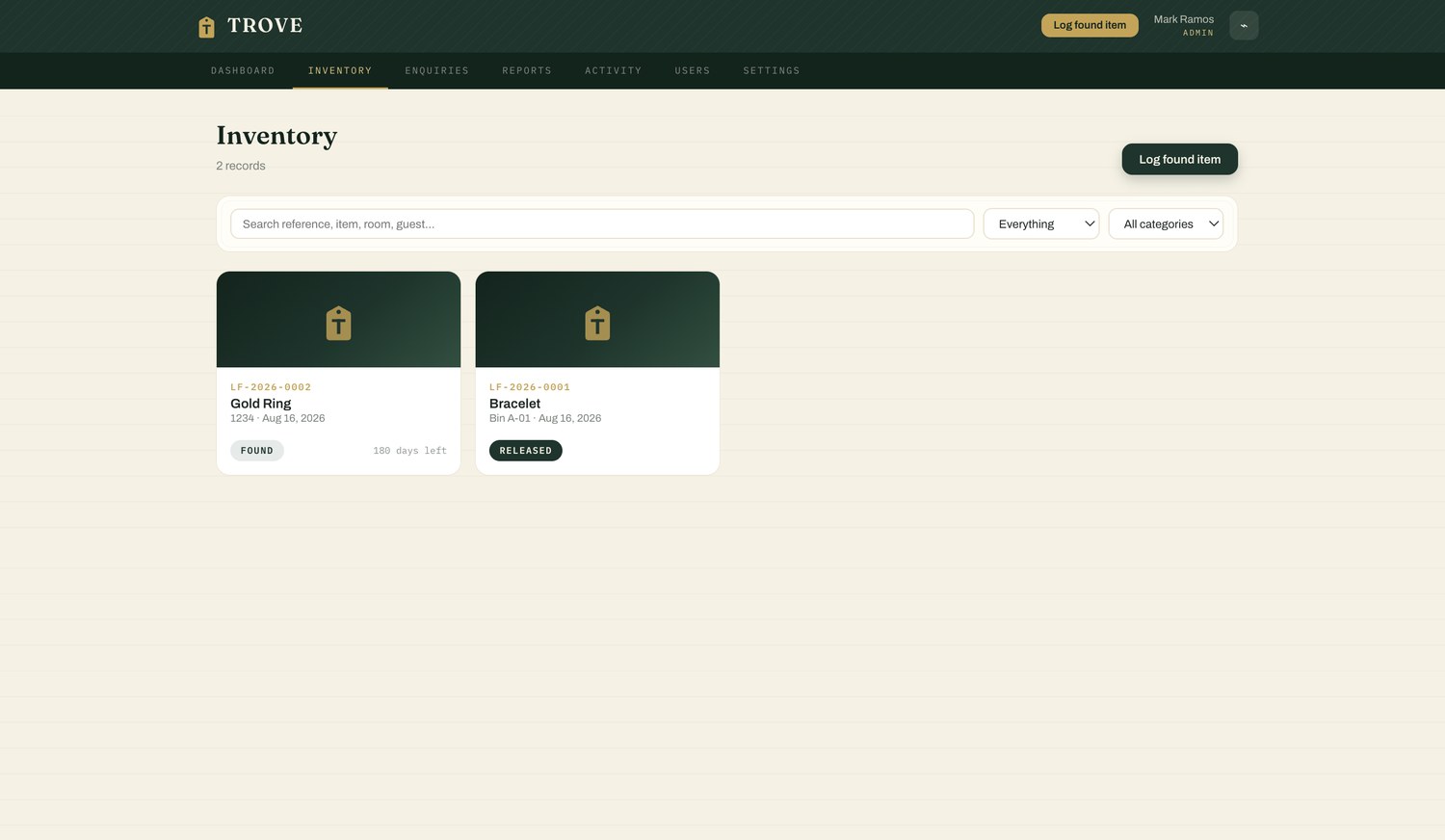 Trove inventory dashboard on desktop