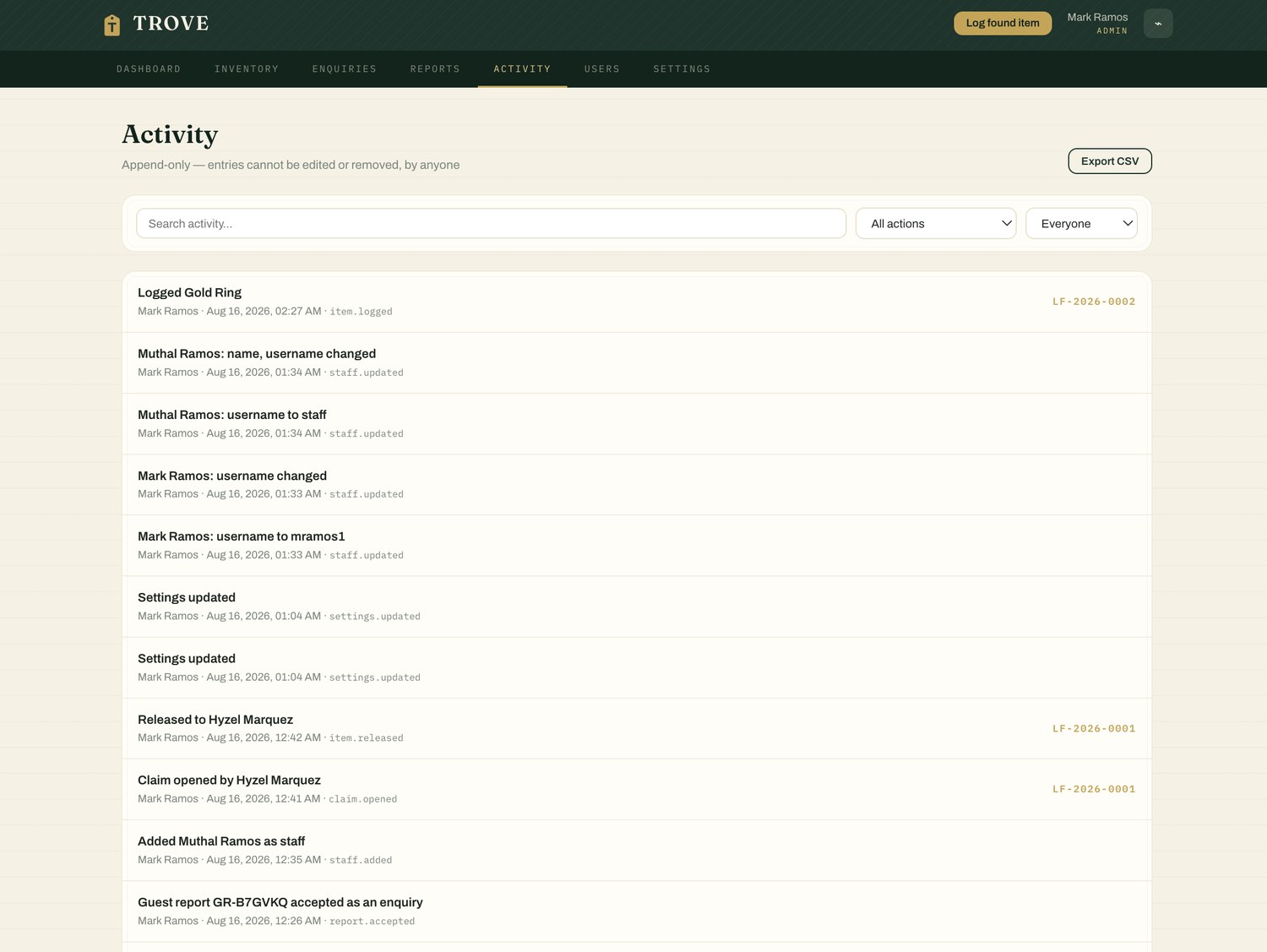 Trove activity audit log on desktop